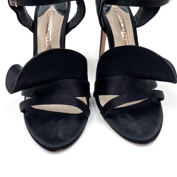 Sophia Webster Lucia Ruffle Sandals Black Satin Open Toe Heels Sz 37.5 / 7.5‎ - Picture 5 of 12